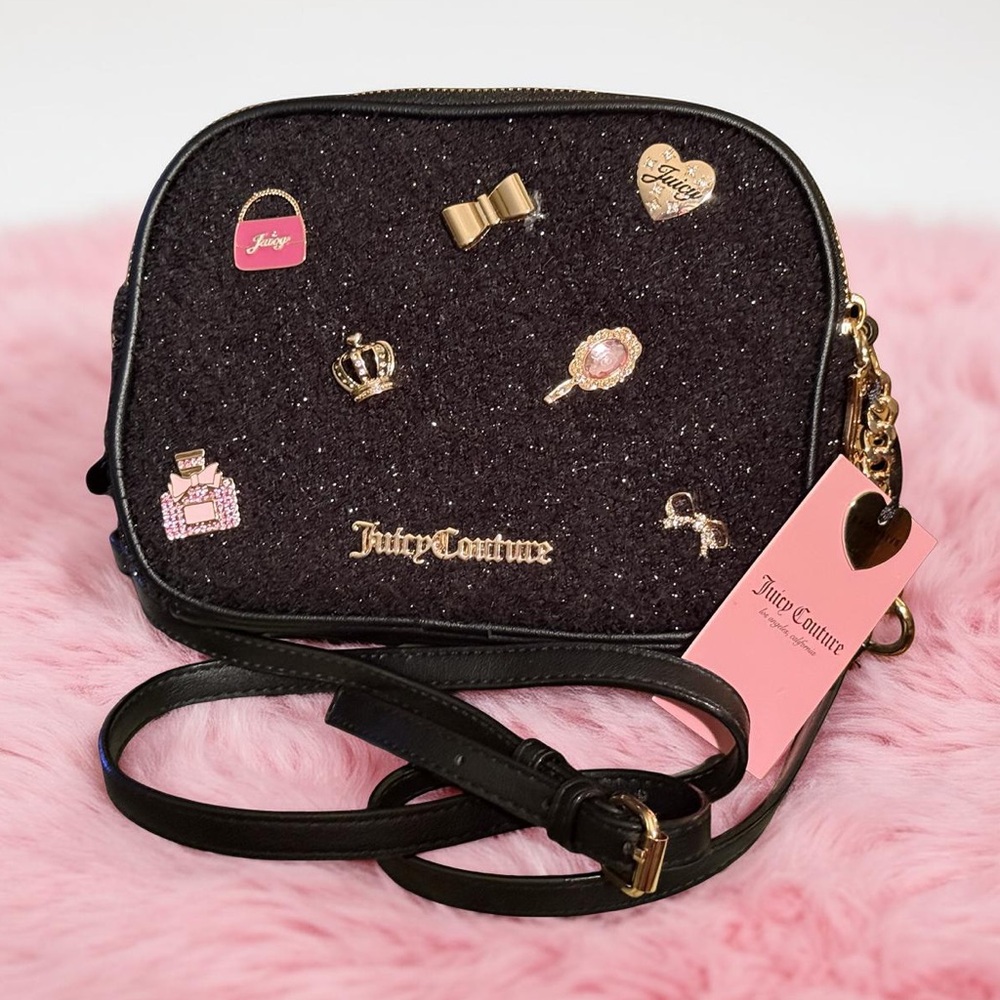 Juicy Couture Los Angeles NWT Glittery Black Camera Bag Gold Charm Details P215